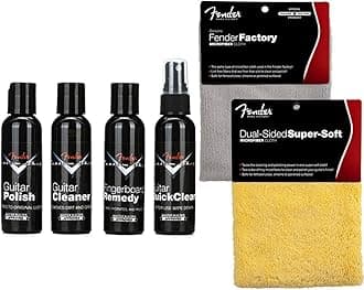Guitar Super Care Kit Bundle with Custom Shop Deluxe Guitar Care System 4 Pack, Super-Soft Dual-Sided Microfiber Cloth, and Fender Factory Microfiber Cloth