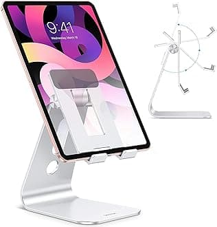 Adjustable Tablet Stand for Desk, Upgraded Longer Arms for Greater Stability, T2 iPad Stand Holder with Hollow Design for Bigger Sized Phones and Tablets Such as iPad Pro/Air/Mini, Silver