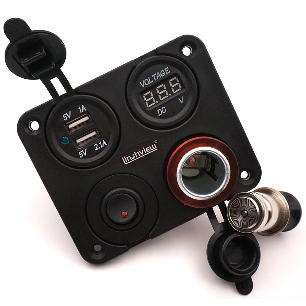 Linchview Dual USB Power Charger Switch Panel Aluminium Red LED Volt Meter 12 V Strip + On/off Switch 4 Hole Button Switch for Car Boat Marine Trucks Rv ATV Motorcycle [Energy Class A+++]