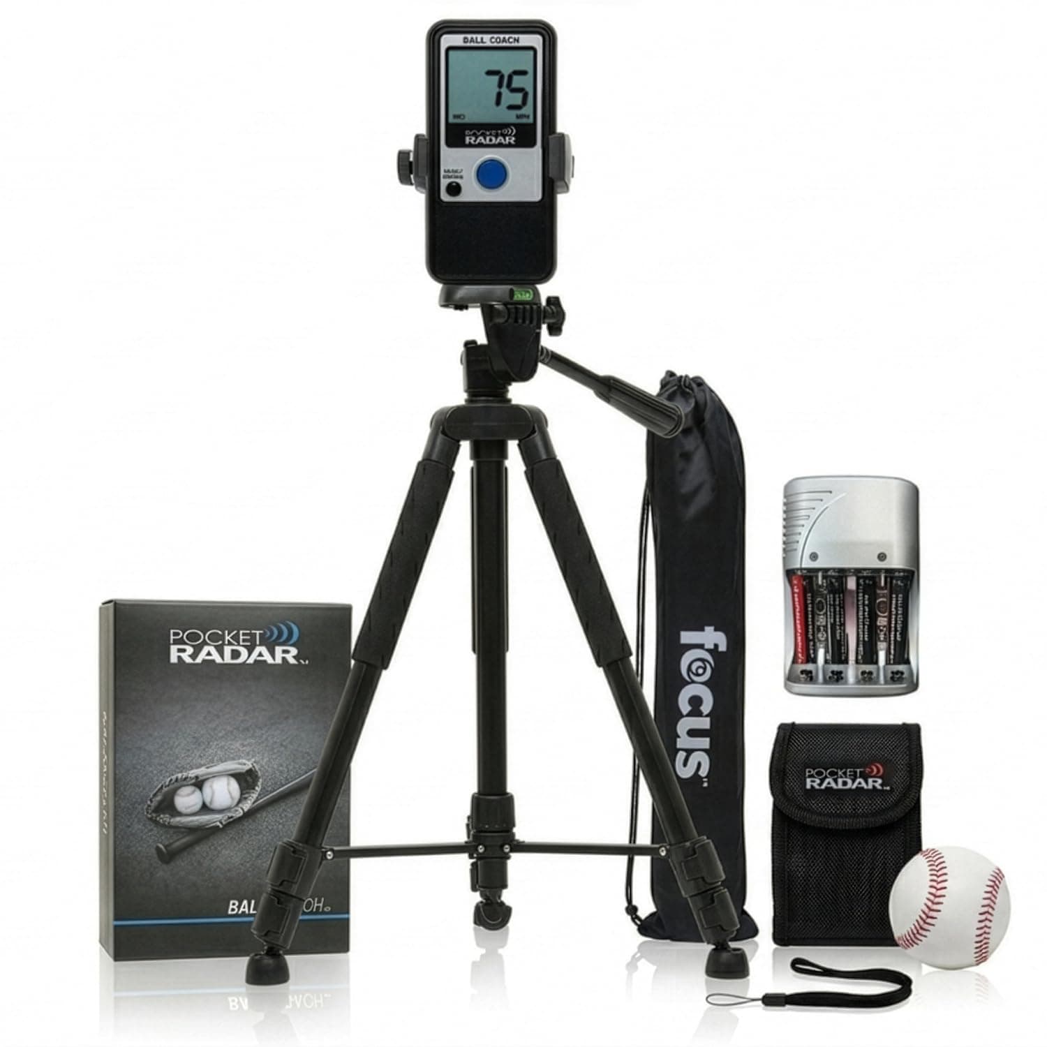Pocket Radar Ball Coach/Pro-Level Speed Training Tool and Radar Gun Bundle with 360-Degree Rotating Tripod Mount and Tripod Stand with Carrying Bag and Rechargeable Batteries (3 Items)