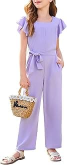 HaloumoningGirls Jumpsuit Kids Fashion Square Neck Ruffle Sleeve Belted Wide Leg Romper with Pockets