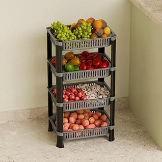 Multipurpose Plastic Kitchen Rack with Baskets | Vegetable & Fruit Storage Stand | Strong & Durable Organizer for Kitchen, Bathroom & Utility (4 Layer, Silver)