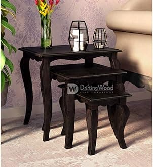 DRIFTINGWOOD Solid Sheesham Wood Nesting Table for Living Room | Set of 3 Stools | Warm Chestnut Finish (Basic Assembly Required)