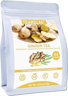 TEARELAE - Ginger Tea Bags, 64 Count - 100% Pure Ginger Root Tea, Soothing & Spicy - Non-GMO - Caffeine-free - Aid Digestion & Support Respiratory