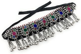 Women’s Afghan Tribal Choker Necklace, Antique Oxidized Metal with Multicolor Glass Beads, Engraved Coins, and Dangling Metal Bead Charms, Bohemian Belly Dance Indian Festival Jewelry