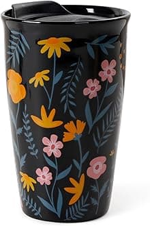 Coffee Cup Ceramic Travel Mug with Lid for Hot Drinks, Insulated Double Wall Mug, 12oz/350ml, BPA Free, Dishwasher Safe, for Home, Office, Car, to Go (Black)