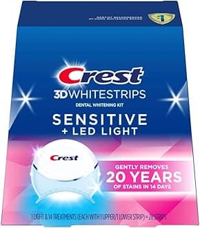 3D Whitestrips Sensitive & Gentle + LED Light – Teeth Whitening Kit, 1 Light + 14 Treatments, Each with 1 Upper/1Lower, 28 Strips – Crest 3DWhite Teeth Whitening Strips