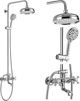 gotonovo Exposed Bathroom Shower Faucet Set Wall Mount Chrome Polished 8 Inch Round Shower Head Dual Cross Handle with ABS Adjustable Handheld Sprayer Triple Function with Tub Spout