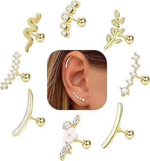 8 PCS 16G Cartilage Earrings Helix Piercing Jewelry for Women Stainless Steel Opal CZ Conch Daith Tragus Piercing Jewelry Flower Snake Leaf Screw Back Stud Earrings Set