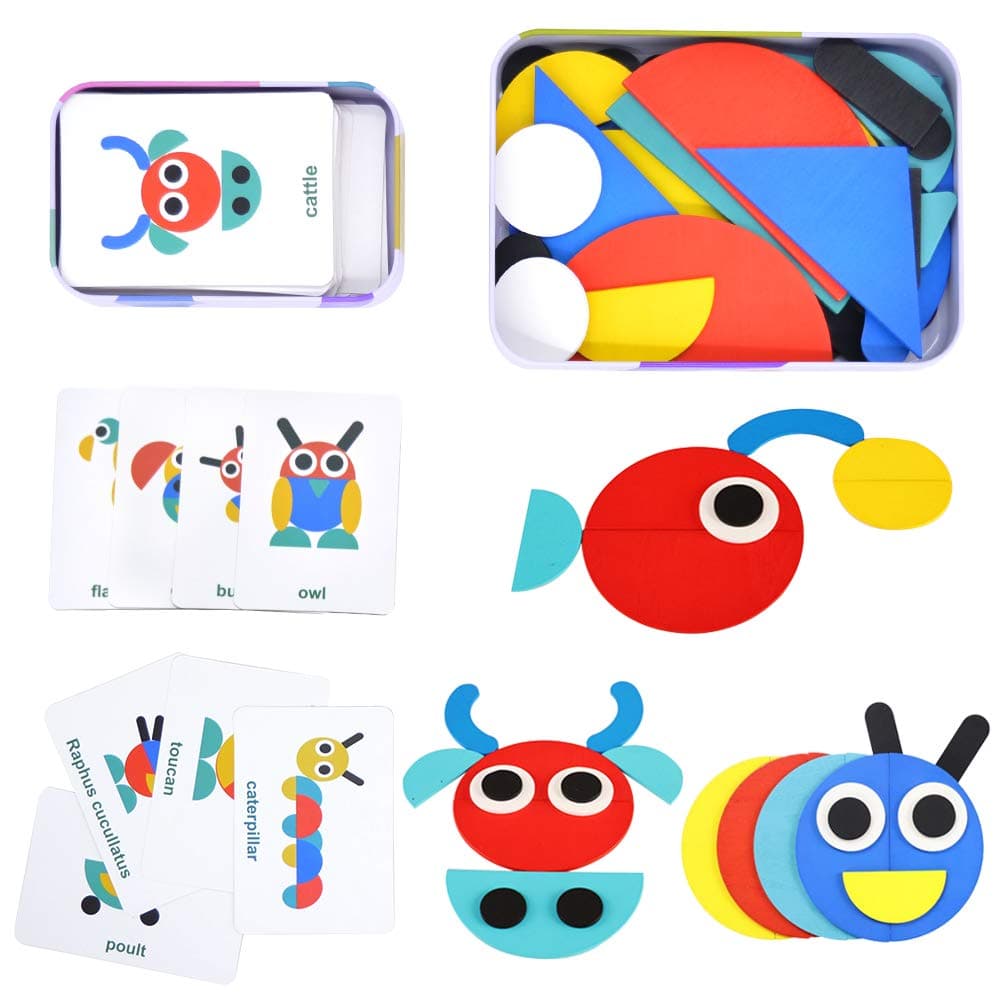 Wooden Pattern Blocks Animals Jigsaw Puzzles Sorting Games Classic Geometric Shapes Educational Toy for 3 4 5 Years Old Toddlers Kids(36 Shape Pieces & 60 Design Cards)