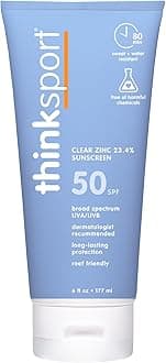 Thinksport SPF 50+ Mineral Sunscreen with Clear Zinc Oxide, 6 Fl Oz – Safe, Natural, Water Resistant, Broad Spectrum UVA/UVB Sun Screen for Sun Protection – Vegan, Reef Safe Sunscreen