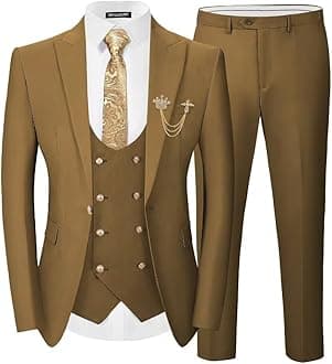 Men's 3 Piece Suits Slim Fit, Blazer Double Breasted Vest and Pants, Wedding Prom Business Suit with Gold Button