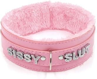 paloli Women Pink Leather Choker Necklace, Punk Gothic Black Fluffy Name Letters Collar Leash Neck Jewelry