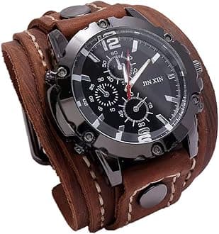 Handmade Sewn with Wax Rope Men Watches Vintage Punk Hiphop Gothic Wide Genuine Leather Fashion Cuff Round Quartz Wristwatch Big Dial Black Brown