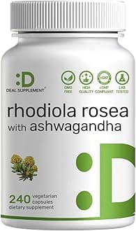 DEAL SUPPLEMENT Rhodiola Rosea with Ashwagandha, 240 Veggie Capsules – Max Strength 10:1 Root Extract – Adaptogenic Supplements for Relaxation, Energy, & Brain Health* – Non-GMO