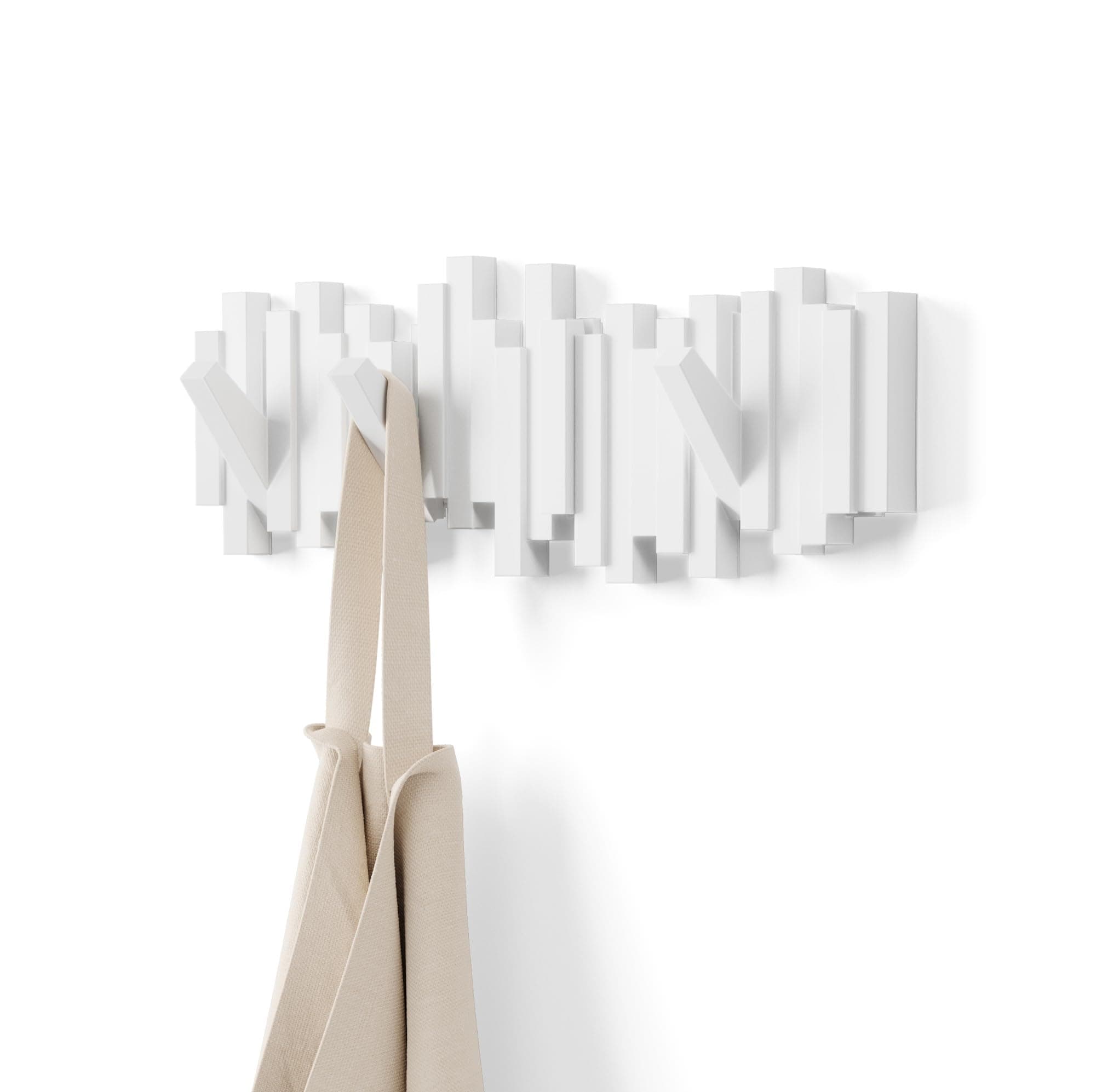 Umbra Sticks Wall-Mounted Coat Rack Rail Hook with 5 Retractable Pegs – Modern, Space-Saving Storage Organizer, White