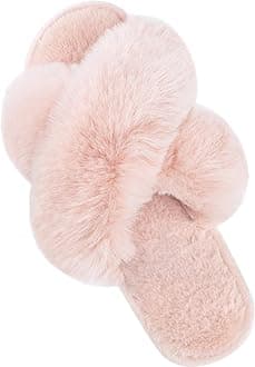 Parlovable Women's Fuzzy Slippers Comfy Cross Band House Shoes Memory Foam Open Toe Indoor Gifts for Ladies
