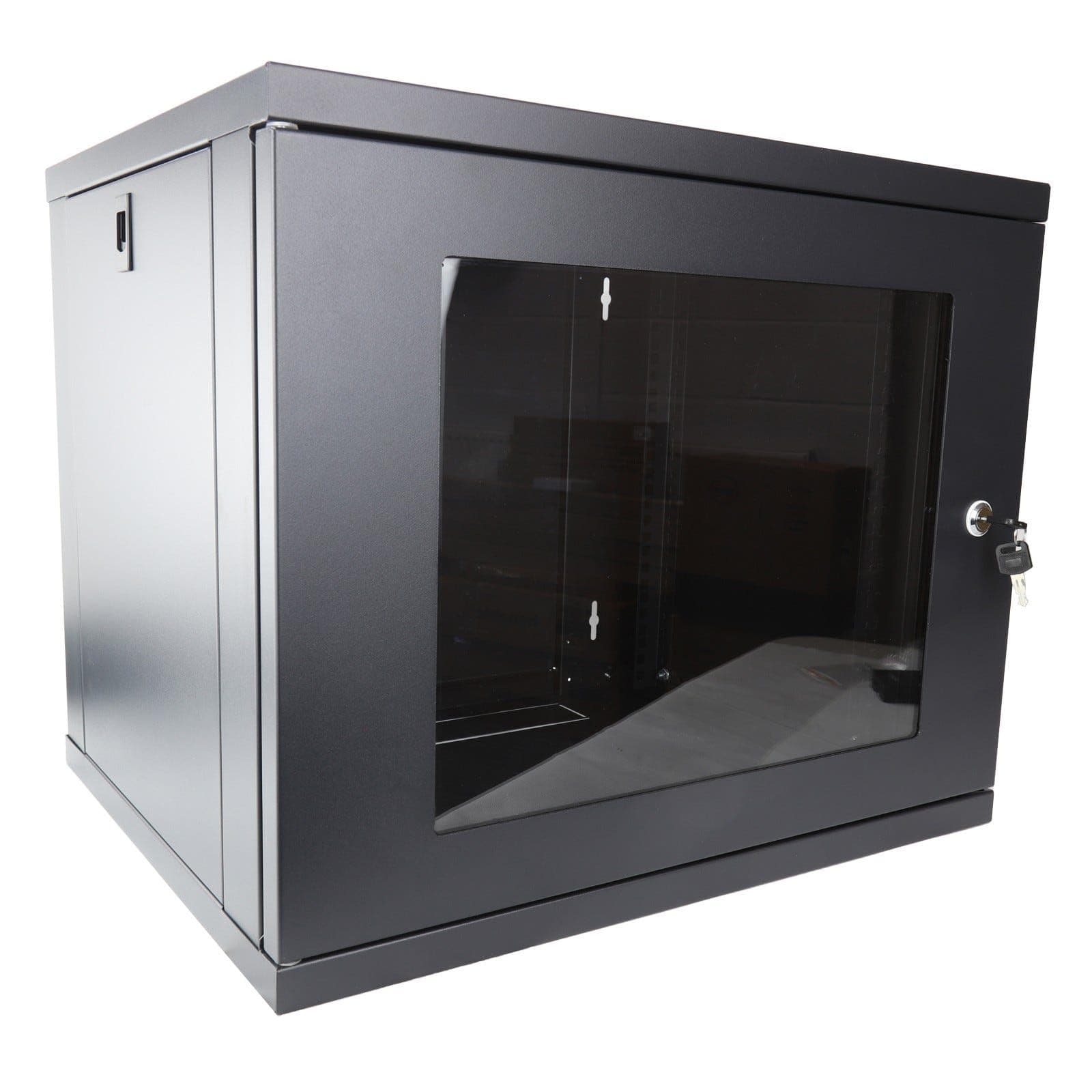 kenable 9U Wall Mounted Data Cabinet 19 inch Rack 450mm Depth Flat Pack Lockable Glass Door Black 550x450x455mm
