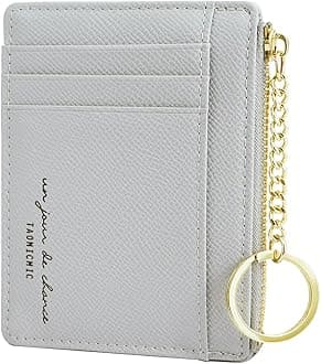Women Slim Leather Card Case Holder Small Wallet Cute Coin Purse Girl Mini Wallet with Keychain (A-Grey)