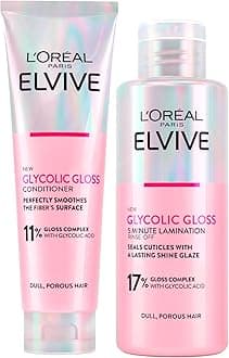 L'Oréal Paris Elvive Glycolic Gloss Glycolic Acid Hair Set with Conditioner 150ml + 5 Minute Lamination Treatment for Dull and Porous Hair 200ml - 2 Bottles