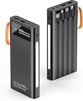 Portable Charger with Built in Cables,10000mAh Power Bank with LED Lamp 22.5W Fast Charging USB C External Battery Pack Phone Charger with LED Display for iPhone, Samsung and Cell Phones (Black)