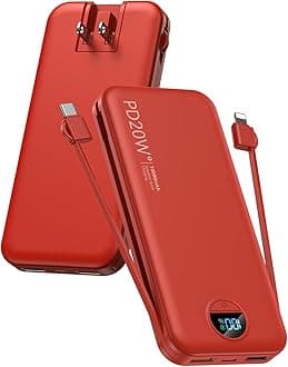 - Portable Charger Power Bank, 10000mAh PD20W USB C Fast Charging with Built-in Cables & Wall Plug, 5-in-1 Battery Pack with LED Display, Ultimate Travel Essential for iPhone, iPad, Samsung Red