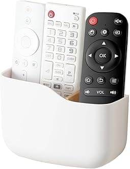 SUNFICON Adhesive Remote Control Holder Wall Mount Media Player Controller Holder Universal TV Remote Organiser Caddy Box Tray Hollow Bottom Slot Easy Phone Charging Home Office Desk Nightstand White