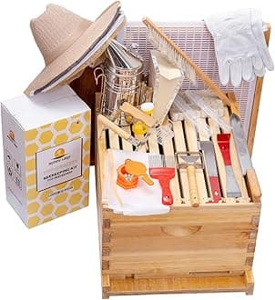 8 Frame Beehive Starter Kit – Beeswax-Coated Deep Box with Frames, Beekeeping Tools Kit Includes Bee Smoker & Protective Veil Hat