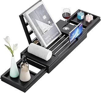 Yirilan Premium Bath Tray, Expandable Bathtub Tray Caddy, Bamboo Bath Shelf with iPad & Phone Holder, New Home, Anniversary and Wedding Gifts, Bridal Shower Gift for Women-Black