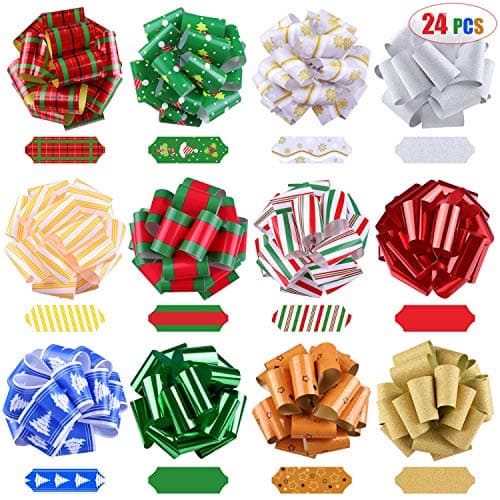 24 Pieces 5'' Wrap Ribbon Pull Bows, Assorted Christmas Gift Wrapping Ribbon Accessories, Bows, Wine Bottles, Baskets, Xmas Décor Party Supplies