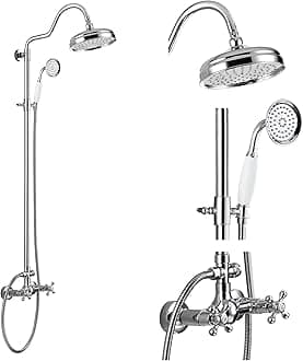 gotonovo Luxury Exposed Shower Faucet Set Bathroom Shower System 8 Inch Wall Mount Rainfall Shower Head with Handheld Spray Cross Double Handle Shower Fixture Adjustable Arc Rod Polish Chrome