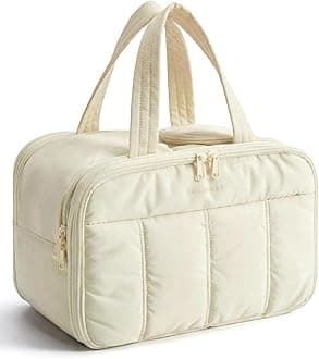 Travel Toiletry Bag, Puffy Large Toiletry Bag for Women, Lightweight Cosmetic Makeup Bag Organizer with Handle for Traveling, Accessories, Essentials, Toiletries （Beige