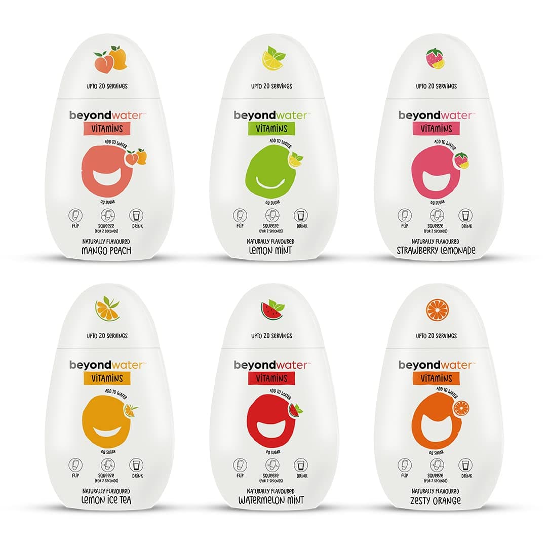 BEYOND WATER Vitamin Water-Assorted Pack-6 X 20 Servings|Zero Calorie Sugar-Free Instant Fruit Drink Mix,Hydration Drink,10+ Vitamins & Minerals,Healthy Fruit Flavour,100% Natural Ingredients