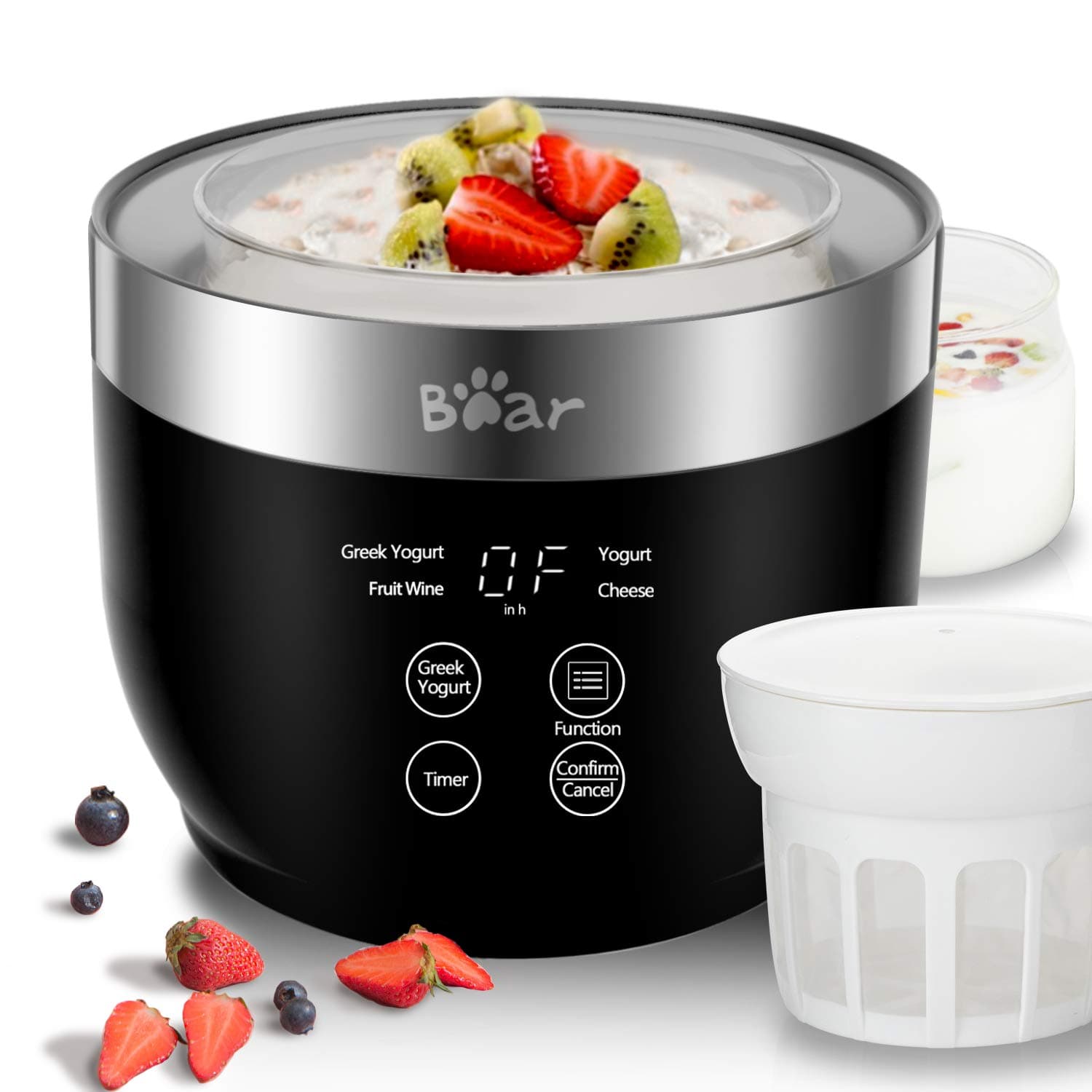 Bear Yogurt Maker Greek Yogurt Maker with Strainer and Timer Control Yogurt Maker with Stainless Steel Inner Pot Automatic Digital Yogurt Maker with 2 Glass Jars 1 Quart Home Organic Yogurt Cheese