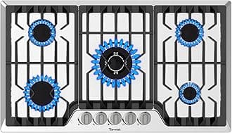 TOPWISH 36 Inch Gas Cooktop, Propane Stove Top with 5 ITALY SABAF Sealed Burners 41,800BTU, NG/LPG Convertible Built-in Stainless Steel Stovetop with Thermocouple Protection for Rvs Kitchen Outdoor