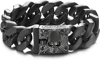 Mens Large Vintage Brushed Finishing Steel Curb Chain Bracelet with Fleur De Lis and Skull