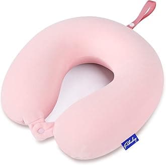 Fabuday Memory Foam Neck Pillows for Travel - Airplane Pillows for Sleeping with Attachable Snap Strap Soft Washable Cover, Flight Pillow for Traveling, Car, Office, Provide Head Neck Support Pink