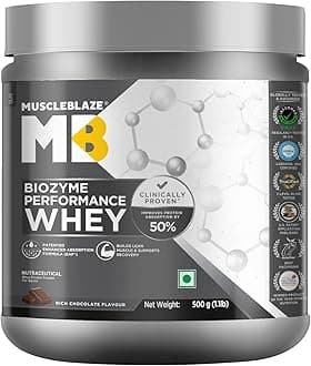 Biozyme Performance Whey Protein Powder, Rich Chocolate (500g / 1.1lbs) | 25g Protein Per Scoop | Clinically Tested 50% Higher Protein Absorption