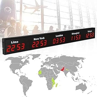 Wall Mounted World Clock, 3/4/5 City Time Zone LED Digital World Time Wall Clock Indoor Multi Time Zone World Wall Clock for Multinational Enterprises/Office/Home/Living Room/School,Red-5City