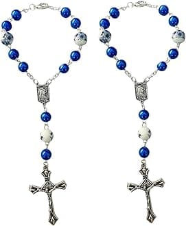 2-Piece Car Rosary & Cross Pendant Car Accessories, Rearview Mirror Hanging Ornament for Interior Decors (Blue)