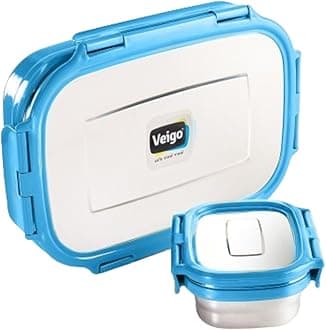 Veigo Jumbo Insulated [New Launch] Fresh Blue Stainless Steel Lunch Box with Small Veg Box | Unbreakable Lid| Leakproof| Airtight| Easy to Open (950+180ML) Kids Office School Picnic & Travelling