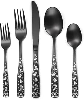 OIULO Matte Black Silverware Set,40 Pieces Christmas Flatware Set for 8,Stainless Steel Utensils,Satin Finish Cutlery Tableware,Knives Forks Spoons with Christmas Tree Snow Socks,Unique Pattern Design