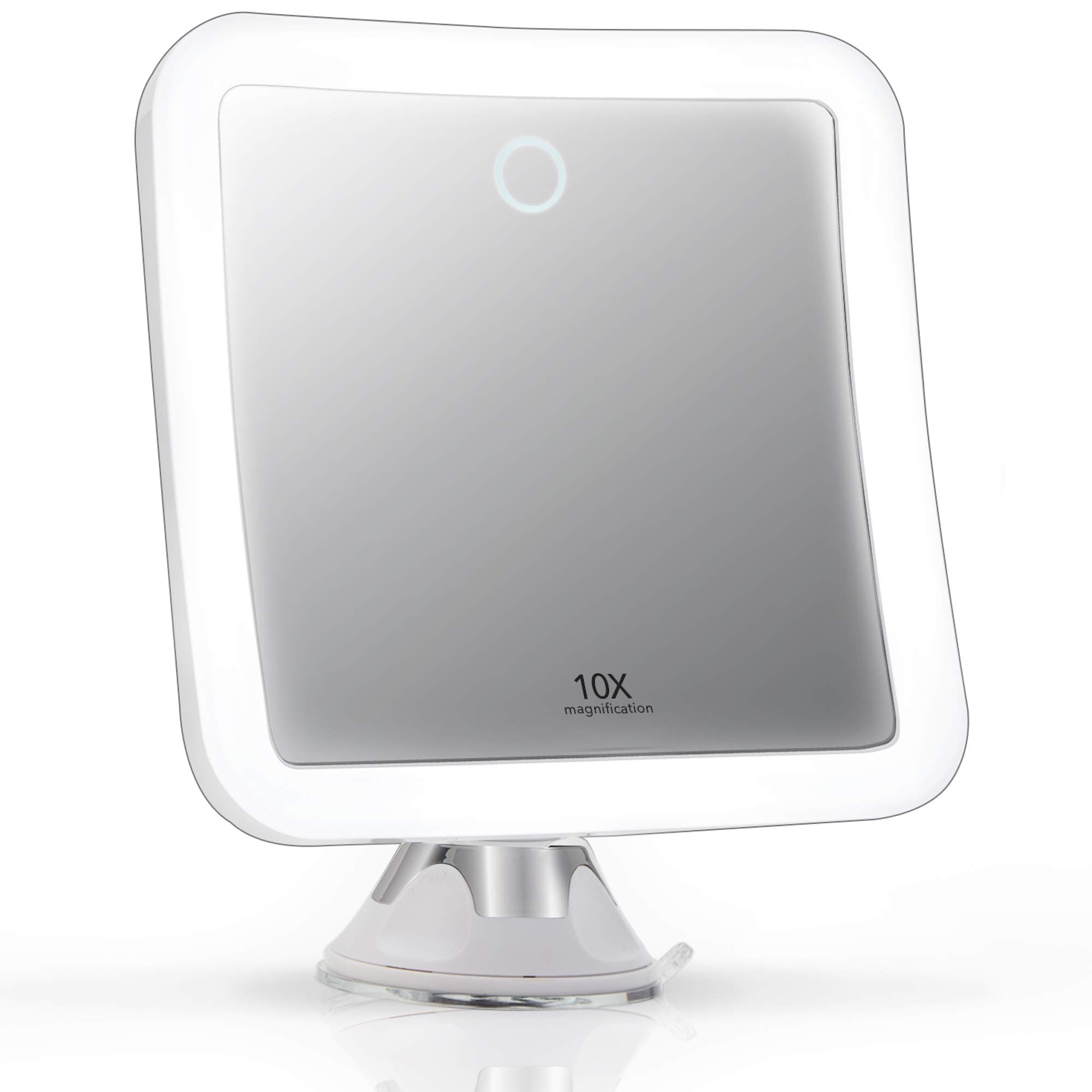 Rechargeable 10x Magnifying Mirror with 3 LED Light Settings, Dimmable Touch Light, Cordless, Locking Suction Mount, Lighted Mirror for Bathroom or Travel (Mira 2)