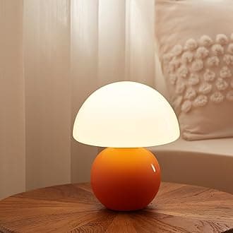 Mushroom Bedside Lamp, Dimmable Table Lamp, Decoration Living Room, Bedroom, Ceramic Base, Glass, Small Night Light (Orange)