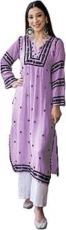 GoSriKi Women's Cotton Blend Embroidered Straight Kurta