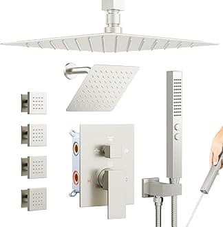 Brushed Nickel Shower System with Jets,Bostingner 4 Way Shower Faucet Set with 2 in1 Handheld,Ceiling Mount 12"+6" Rain Shower Head Wall Mounted, 4 Body Spray Jets Dual Head Shower Set