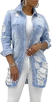 Women's Jean Jacket Long Sleeve Classic Distressed Tassels Denim Trucker