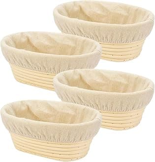 4PACK 8 inch Oval Bread Proofing Basket Banneton Bread Dough Proofing Rising Rattan Basket & Liner for Baking Bread Making