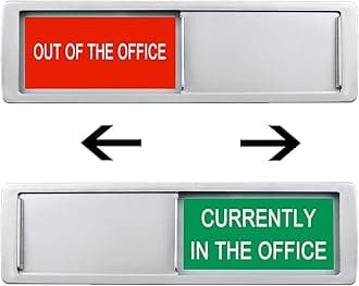 Currently in the Office Out of Office Sign for Door, Privacy Signs for Home or Medical,Easy To Read Non-Scratch Magnetic Slider Door Indicator (7'' x 2'' - Silver)