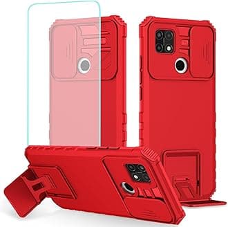 Case for Oppo A15 Case, Oppo A15S CPH2185 CPH2179 Case with Tempered Glass Screen Protector and Slide Camera Cover, Heavy Duty Kickstand Slim Protective Phone Cover for Oppo A15 Red
